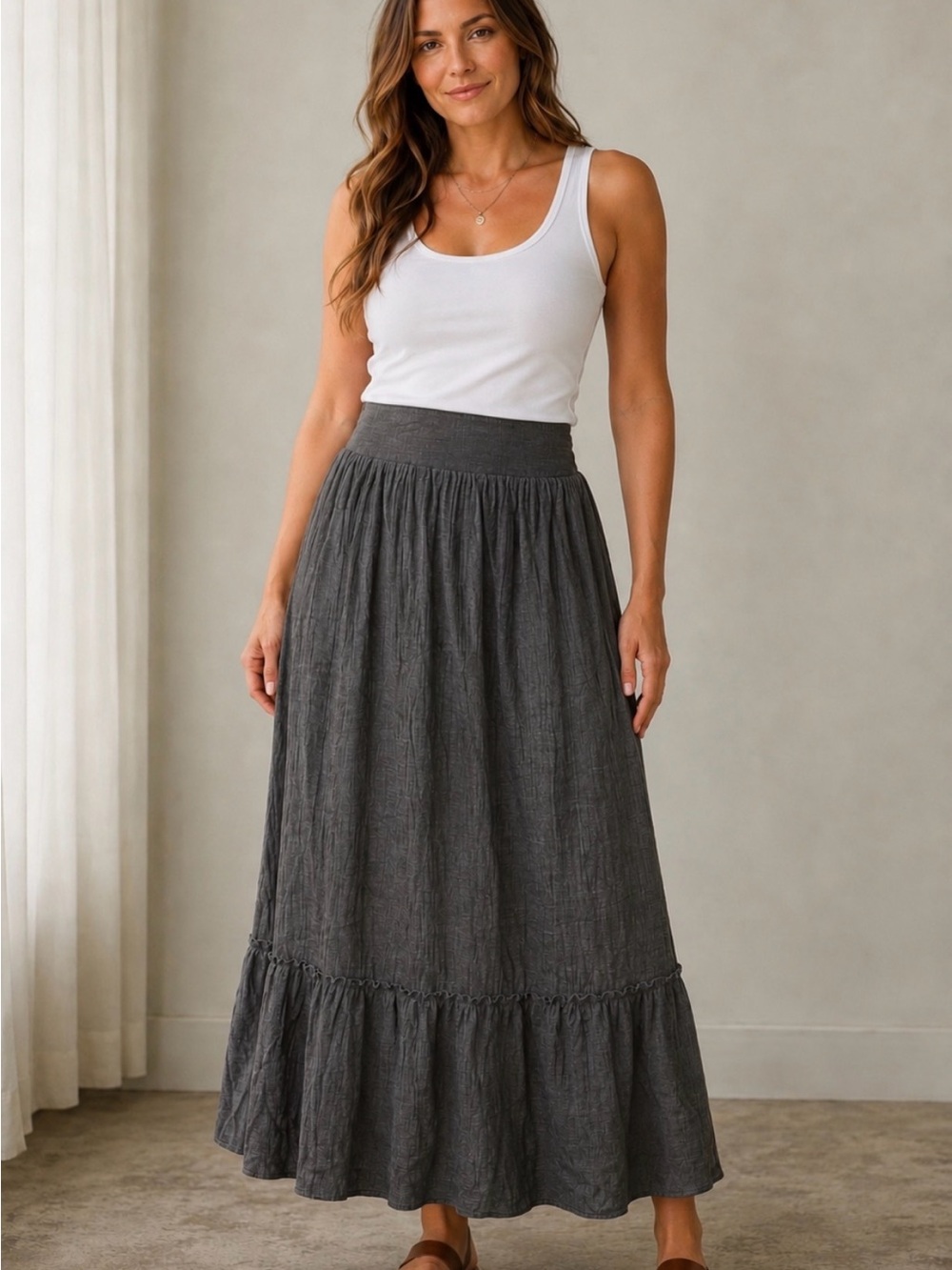 Wonderly Women's Charcoal Maxi Skirt - Comfortable Gathered Waist